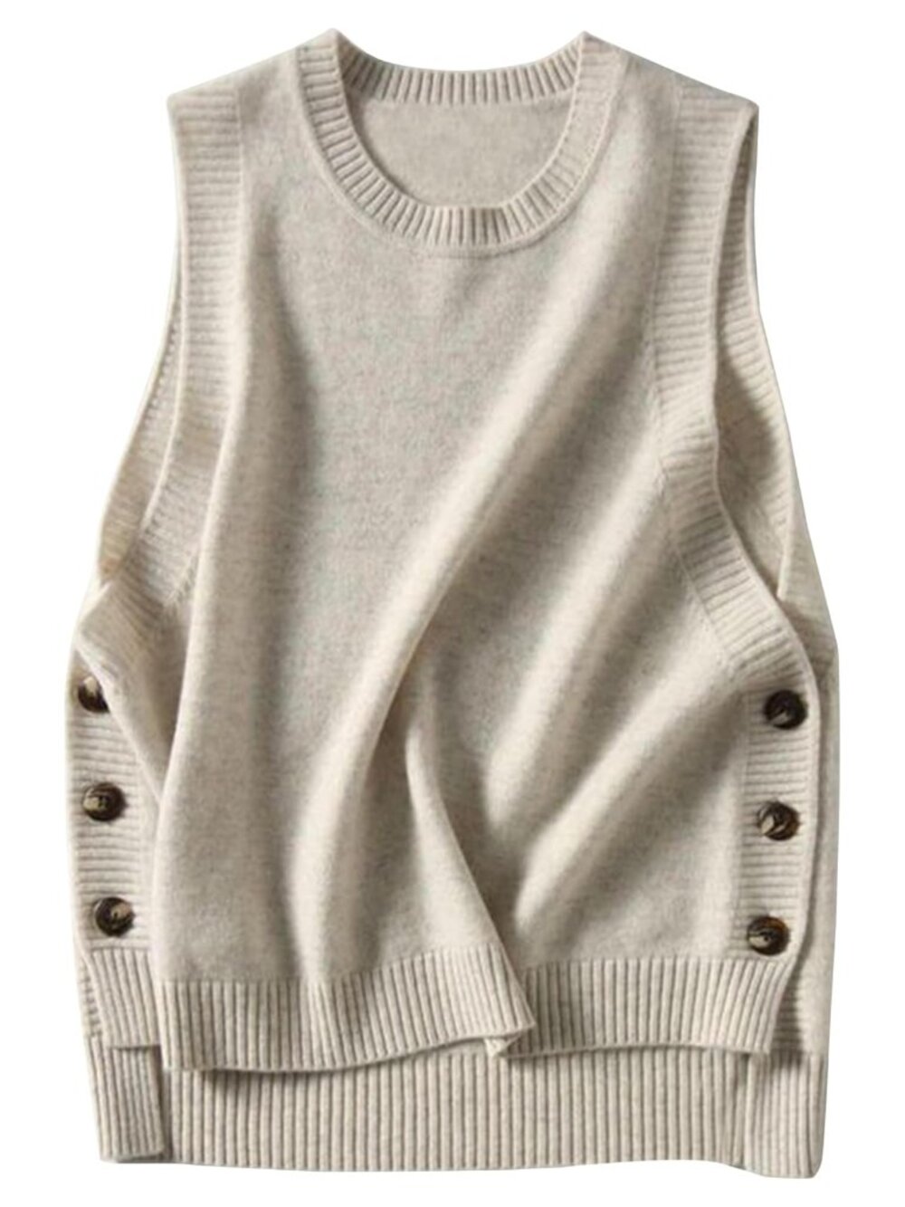 Women's Sleeveless Ribbed Knit Sweater Vest Button Side Round Neck